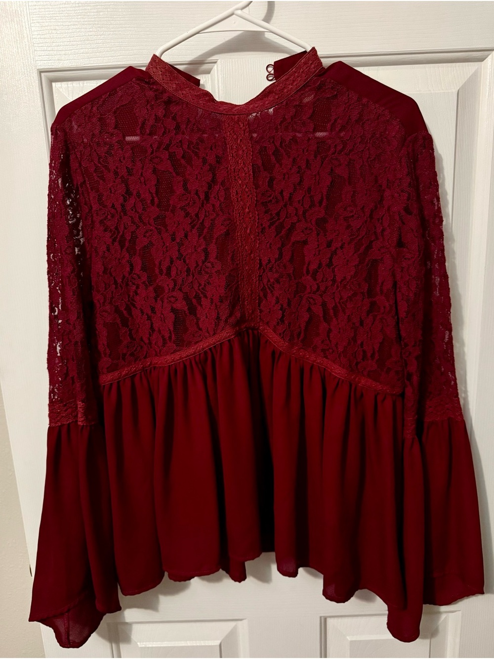 PPLA Burgundy Lace Yoke Peplum Blouse